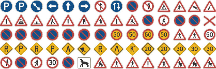 Collection of traffic signs in rows against a white background with clear focus and bright lighting © Ismail