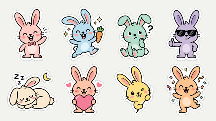 Obraz premium Colorful bunny rabbit sticker set showing diverse moods and actions