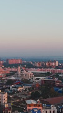Aerial Drone Shot of Prem Mandir and Pagal Baba Temple at Sunrise, Vrindavan, Mathura, India
