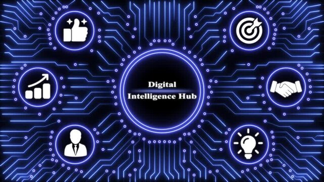Digital intelligence hub with glowing blue circuit board pattern and business