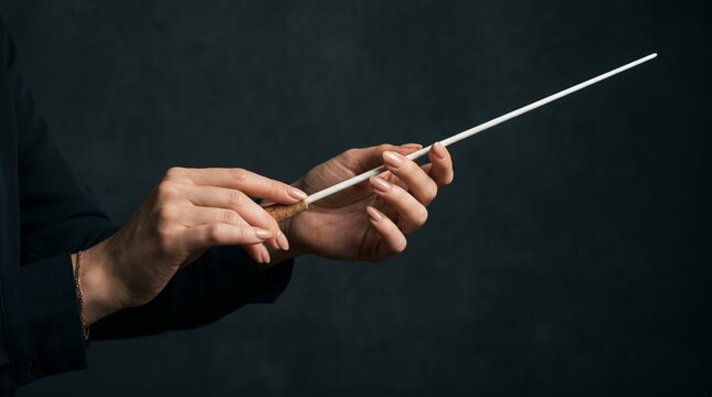 Female conductor hands holding a baton before leading an orchestra performance. Concept classical music, leadership, artistic direction, conducting education and cultural entertainment. Generative AI.