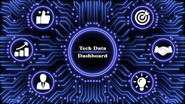 Tech data dashboard with glowing blue circuit board pattern and business