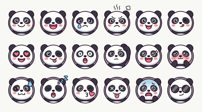 Panda face emoji set in pixel art style with multiple expressions