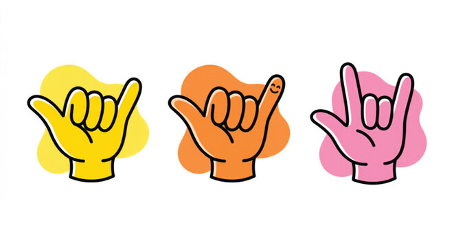 Cartoon hand gesture icons, shaka sign and rock on symbols, colorful vector hand illustrations for social media and stickers