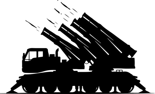 Black silhouette military rocket launcher, missile defense system, combat vehicle, military equipment