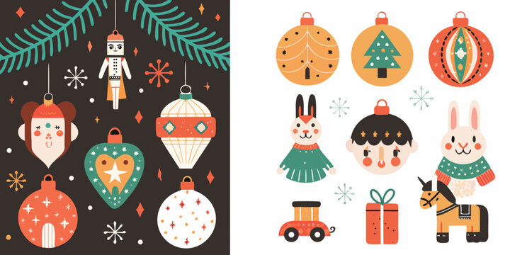 retro christmas ornaments and characters vector illustration
