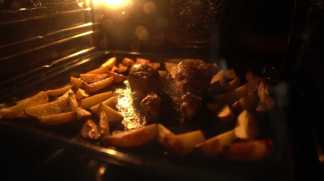 Cooking chicken with potatoes in the oven, preparing dinner