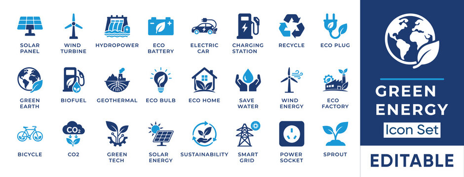 Green energy and renewable power solid icon set. Includes symbols for Solar Panel, Wind Turbine, and Smart Grid. Vector icons for ESG reports, sustainability presentations, and cleantech startups.