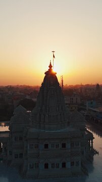 Aerial Drone Shot of Prem Mandir and Pagal Baba Temple at Sunrise, Vrindavan, Mathura, India
