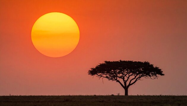 Evocative silhouette of a lone acacia tree at sunset with vast, clean negative space on the left. Perfect copy space for inspirational quotes, safari themes, or logo placement.