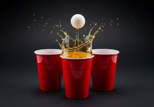 Ping pong ball falling into a red plastic cup with a splash of beer. beer pong splash