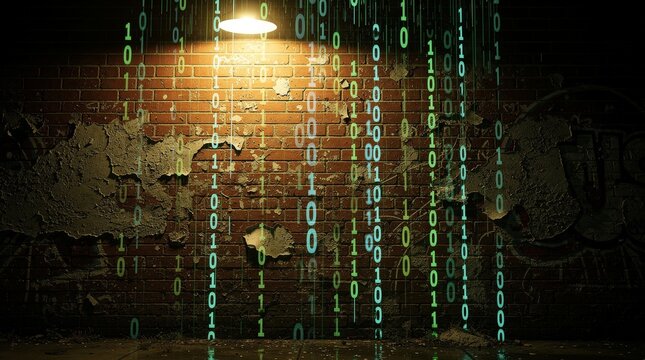Digital Binary Code Stream on Grungy Brick Wall