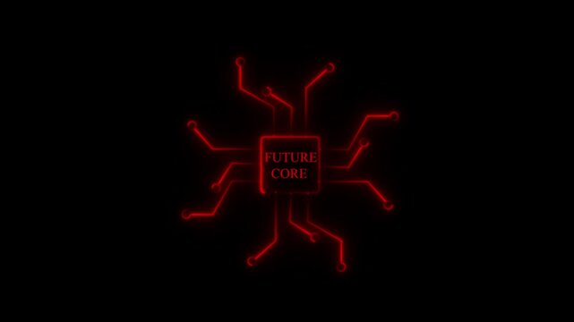 Circuit board with moving electrons and central processing unit Future Core . Data flow on a motherboard. Glowing circuit boards and electronic components 4k Animation 