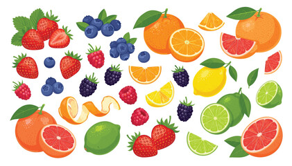 Fresh berry and citrus fruit illustration set with strawberry blueberry raspberry blackberry in detailed flat vector style © bow