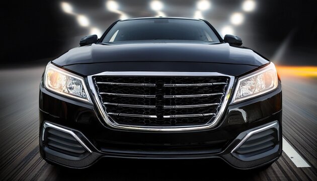 close up of black car front grill and glowing white l e d headlights automobile automotive