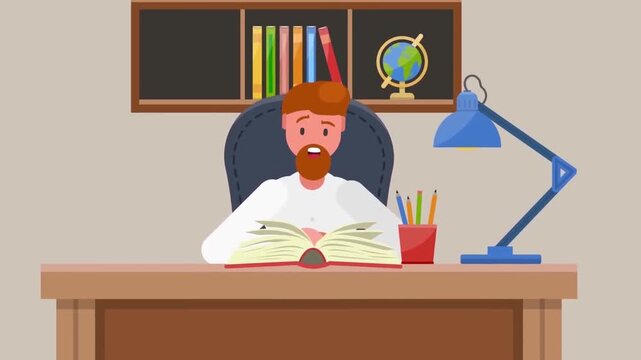 Businessman or Writer Reading Book at Desk Office Setup Animation