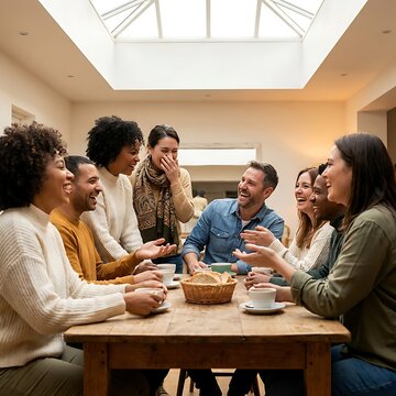 A diverse group of friends laughing and enjoying coffee around a wooden table indoors, capturing a moment of connection and joy