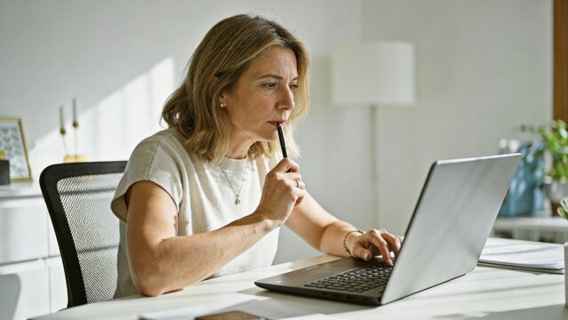Middle aged woman works thoughtfully on laptop while holding pen near mouth in sunlit home office setting.