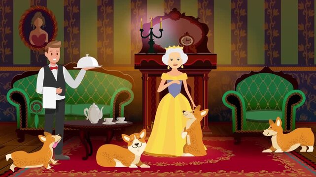 Royal Queen with Corgi Dogs inside Luxury Palace Castle Throne Room