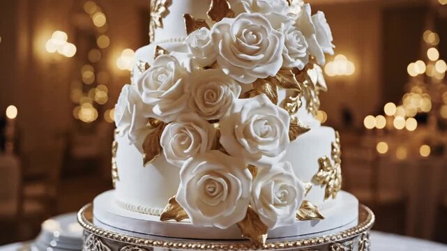 A lavish white wedding cake adorned with gold decorations and numerous roses sits on a table in a luxurious banquet hall.