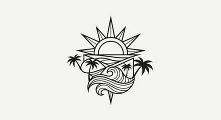 Obraz premium Tropical sun with palm trees waves.
