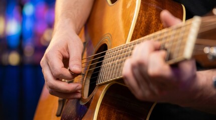 Obraz premium Musician's hands playing acoustic guitar on stage during a live concert or performance with blurred background lights
