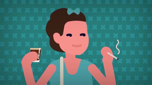 Young Woman Smoking Nicotine Cigarette and Drinking Coffee 2D Animation
