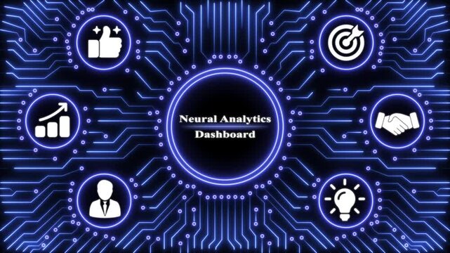 Neural analytics dashboard text surrounded by glowing blue circuit board lines and digital for business growth and technology