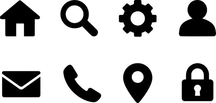 A collection of black icons on a white background for business and communication