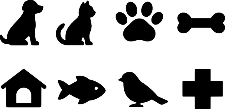 A collection of black animal and pet related silhouettes on a white background