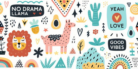 boho doodle art pattern with colorful animals and shapes © Smritykona