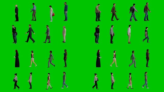 3D animated cartoon animation of diverse crowd walking in various directions on bright green screen chromakey background. Great for motion graphics stock footage visual effects and professional compos