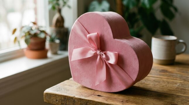 Heart shaped gift box covered in soft pink fabric and tied with ribbon bow rests on wooden table near window.