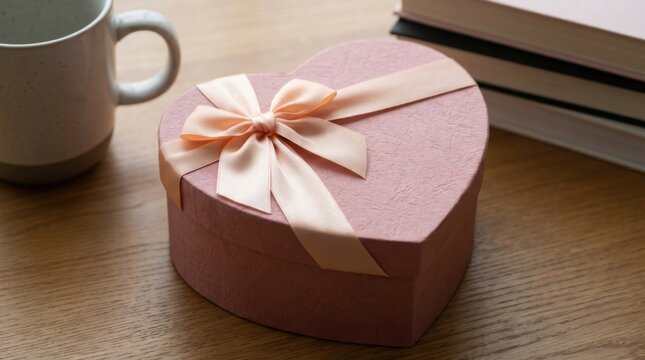 Heart shaped pink gift box tied with silk ribbon bow rests on wooden table beside ceramic mug and stacked books