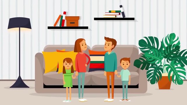 Happy Family of Four Standing and Talking in Cozy Living Room Interior