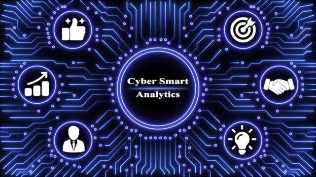 Cyber smart analytics concept with glowing blue circuitry background