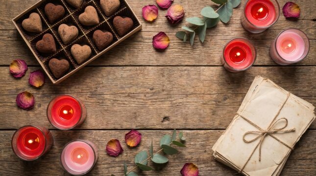 Romantic setup with heart shaped chocolates next to glowing candles rose petals and vintage book on wooden table