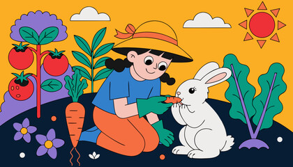 Naklejka premium Very beautiful child gently feeding a fluffy rabbit in a sunny vegetable garden, surrounded by fresh plants, colorful blooms, and a heartwarming atmosphere of care and friendship.