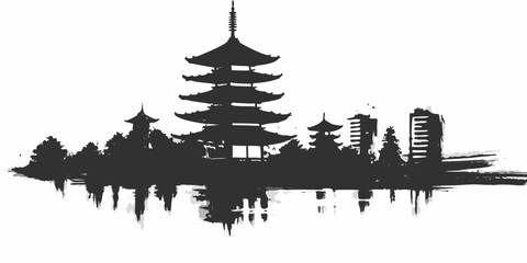 japanese skyline silhouette in black ink wash © Smritykona