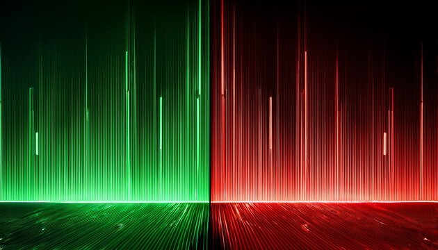 bright green upward bars dominate one side while red downward bars illuminate the opposite side