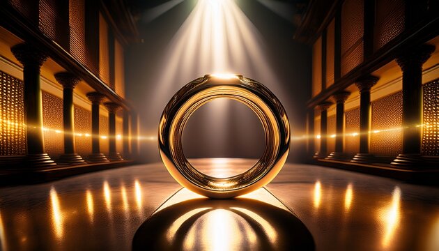 the interior showcases a gleaming ring lit softly by diffused golden reflections