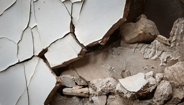old cracked and partially collapsed plaster copy space close up selective focus