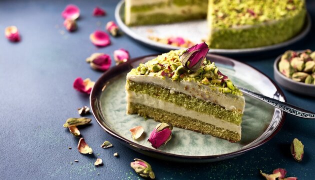 slice of pistachio cake garnished with rose petals crushed nuts crumb on decorative plate copy space