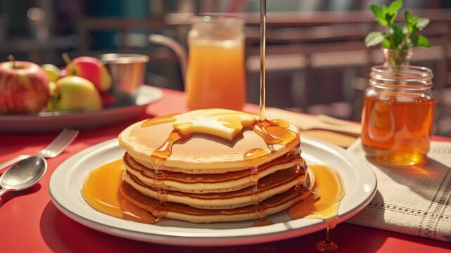 A delectable stack of golden pancakes, generously drizzled with rich, amber syrup cascading down their fluffy sides. A pat of melting butter rests on top, completing this classic breakfast scene. The 