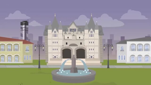 Beautiful City Square with Classic Architecture and Water Fountain Animation