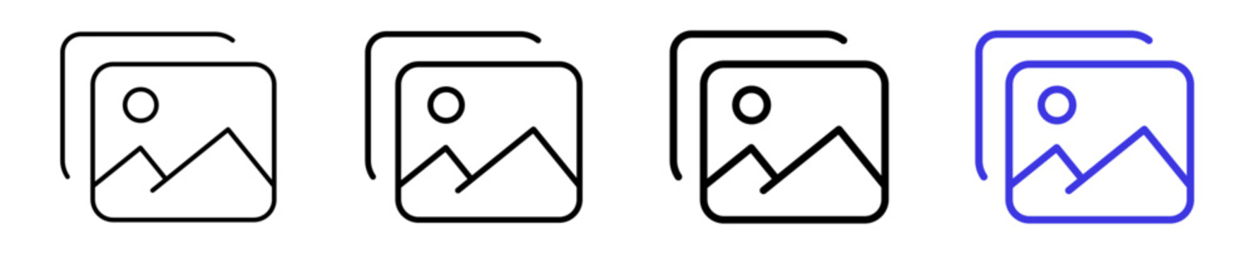 Images gallery photo album media picture linear icon collection design. Editable vector stroke icons.