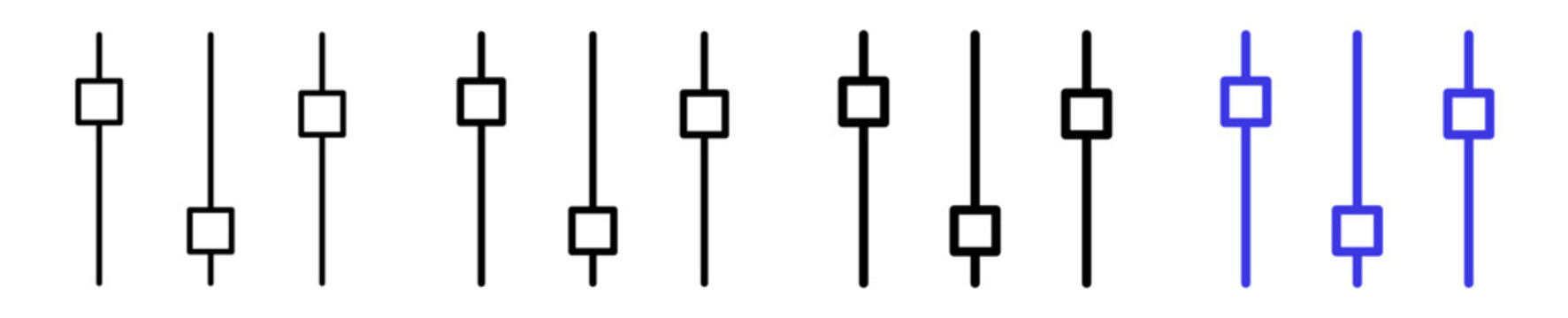 Equalizer mixer sliders volume control linear icon collection design. Editable vector stroke icons