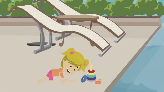 Little Girl Playing with Toys by Luxury Outdoor Swimming Pool Animation