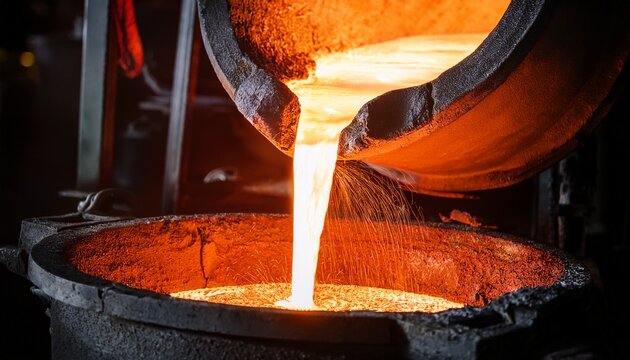 process of casting molten metal at high temperature from bucket into dark surface metallurgical industry foundry production close up