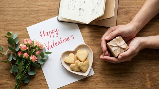 Hands present wrapped gift beside heart shaped cookies and pink roses arranged with greeting card on wooden table